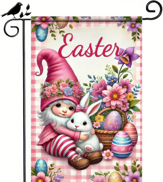 Easter Garden Flag 12x18 Inch Double Side Cute Girl Outdoor Decoration Yard Flag Welcome Easter Farmhouse Garden Flag Bunny and Flowers Outdoor Home Display Flag