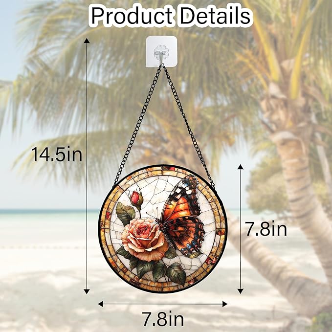 DASTOLL Stained Glass Window Hanging, Butterfly Picking Flowers Suncatcher for Doors Home Sun Catchers Decoration and Christmas, Mother's Day Birthday Gifts for Women, Men, and Mom 7.8 in