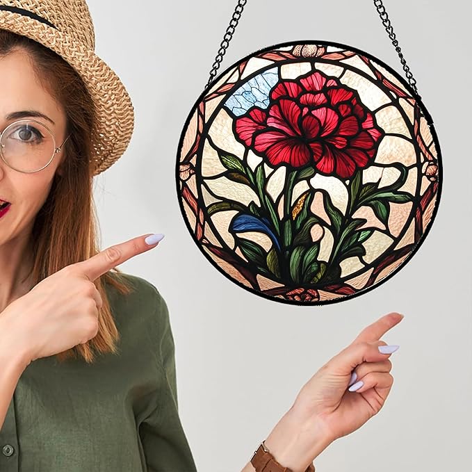 AMDERVEN Stained Glass Window Hanging - Red Carnation Birth Flower Sun Catcher for Door Garden Home Decor Suncatcher Christmas Mother's Day Birthday Gifts for Women Men Mom Nana Friend Wife 9.8 in