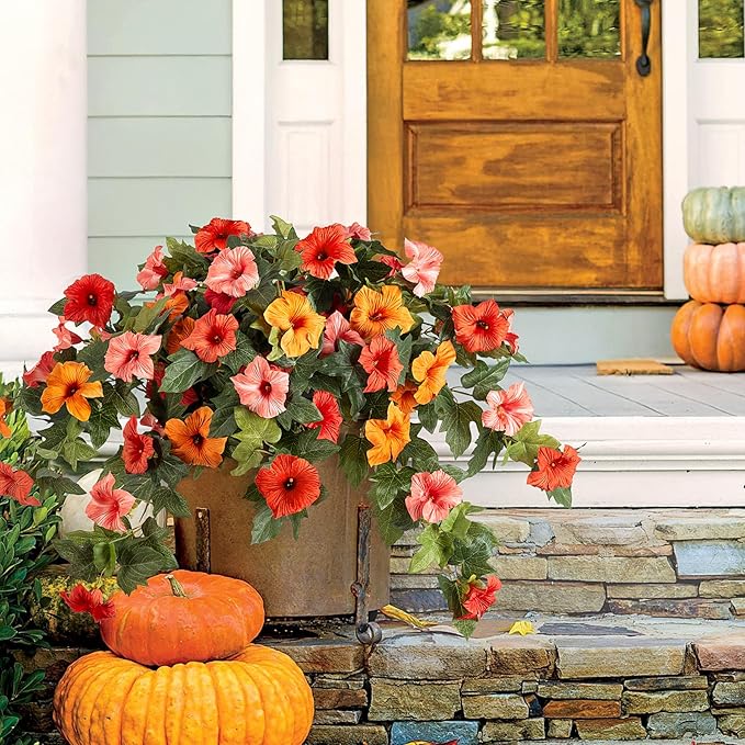 Artificial Fake Flowers for Outdoor Spring Decoration, 2PCS Faux Silk Petunias No Fade UV Resistant Flowers for Outside Garden Porch Yard Balcony Patio Realistic Indoor Decor(Orange)
