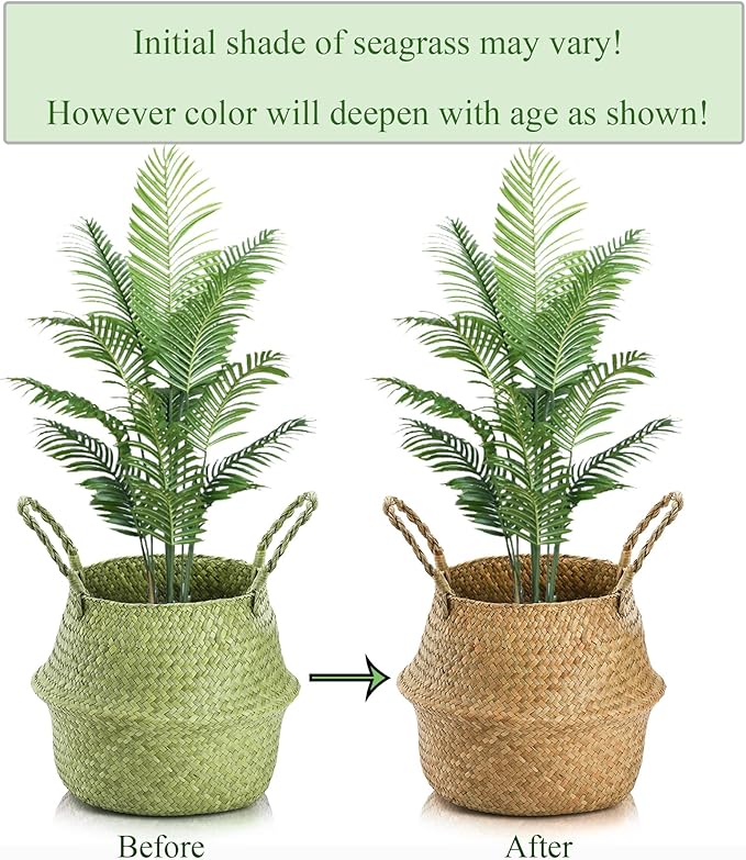 Yesland 2 Pack Woven Seagrass Plant Basket with Handles, Ideal Wicker Baskets Storage Plant Pot Baskets for Laundry, Picnic, Plant Pot Cover, Beach Bag and Grocery Basket (L)