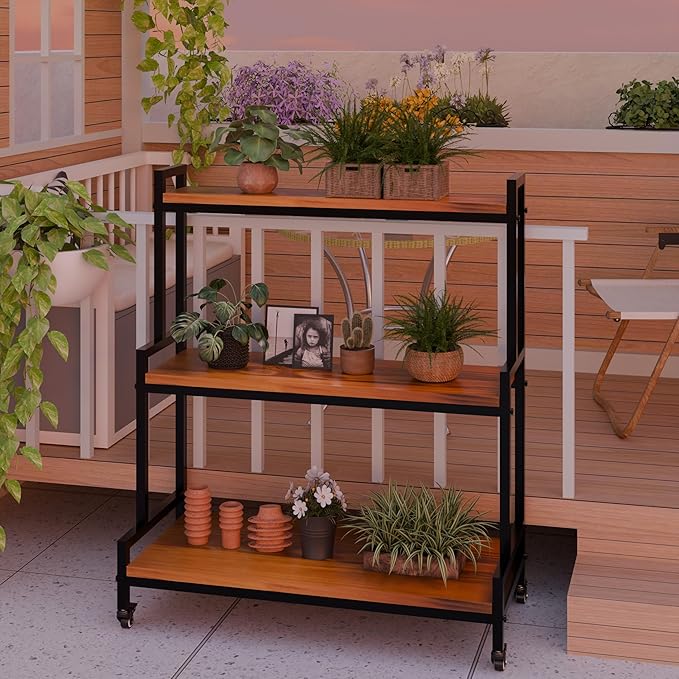 YCCO Plant Stand Indoor with Wheels 37” H, Rolling Plant Shelf Rack Outdoor,Metal Plant Stand with Solid Wood for Multiple Plants,Industrial Ladder Plant Flower Shelf for Garden,Living Room,Teak