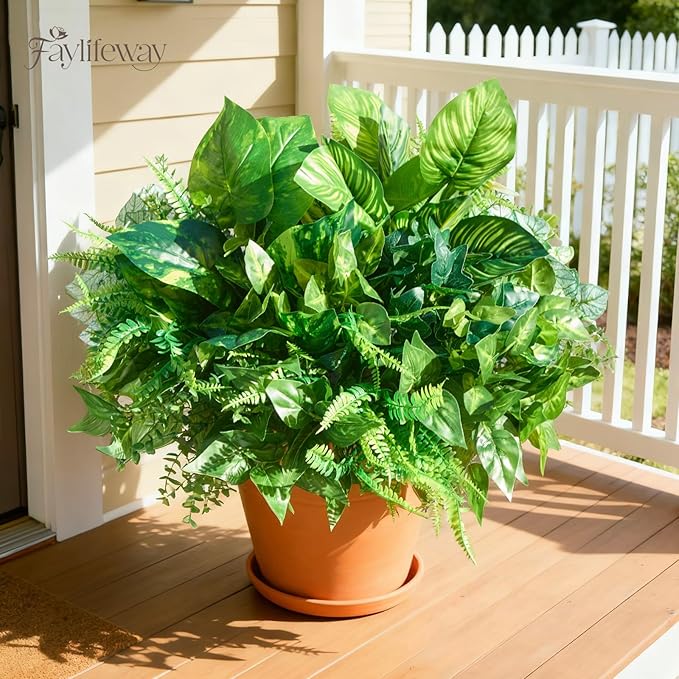 12 Bundles Artificial Plants Outdoor,UV Resistant Fake Greenery Stems with Large Shrubs Faux Plastic Plant for Outside Front Porch Planters Garden Window Box Patio Decor(Pot Not Included)