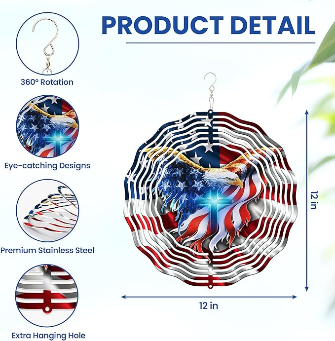 FLAGWIX American Eagle Decorations - 3D Stainless Steel Metal Wind Spinners 12 in - 4th of July Decorations for Window Yard Garden Patio, Patriotic Outdoor Decor, Eagles Gifts for Men Women Friends