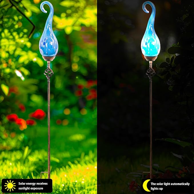 Naboher Garden Solar Lights Outdoor, Decorative LED Pearlized Glass Spiral Garden Stake with Finial, Hand Blown Glass and Metal Outdoor Decoration, 3 x 36 Inch (Light Blue)