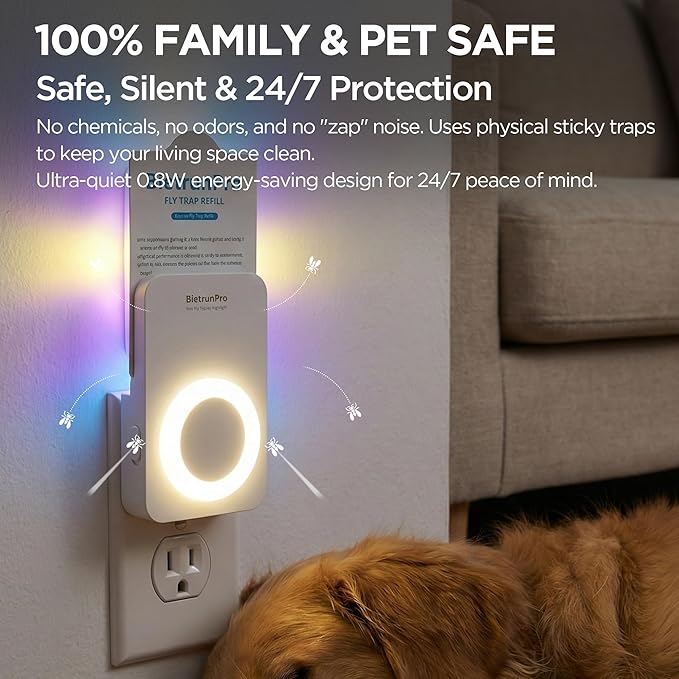Fruit Fly Traps for House Indoor(1 Device+5 Refills) with Night Light, Quiet, 3 in 1 Plug-in Insect Gnat Traps Fruit Flying Traps, Easy Setup for Home & Kitchen, 7 * 24hrs Pest Control