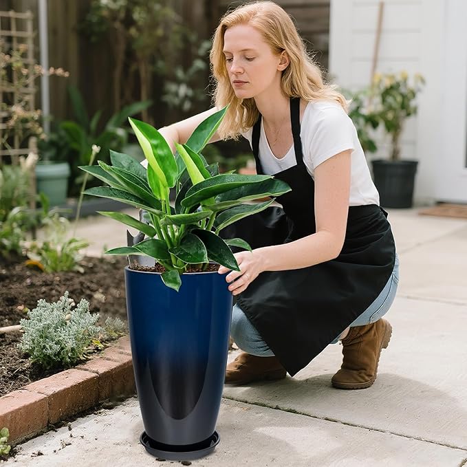 Neoaider 24/21/12 Inch Large Plastic Planter, Lightweight Ceramic-Look Tall Planters with Drain Hole & Saucers, Tall Plastic Planters for Porch, Garden, Patio, Balcony(Dark Blue)