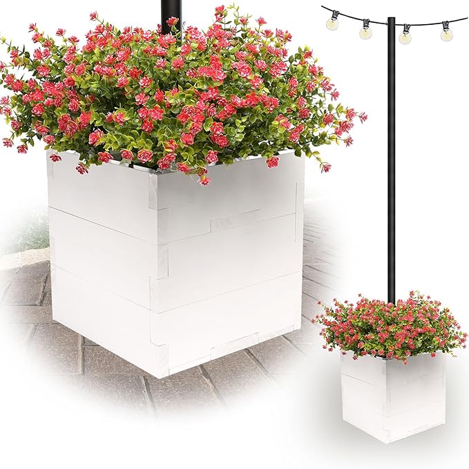 Extra Large Decorative Wooden Planter w/ Universal Pole Support for String Light Poles,Umbrellas,Bird Feeders. Solid Wood Outdoor Garden Patio Box for Plants(Does not include Pole), 17"x17"x18", White