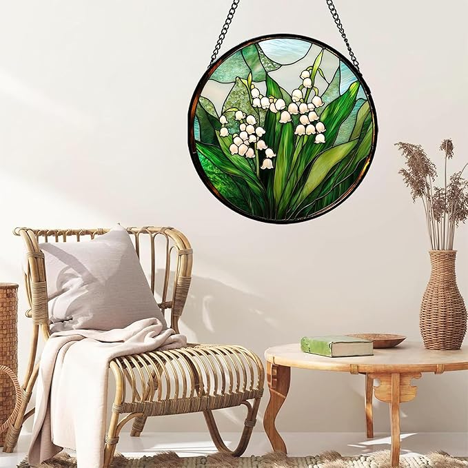 JOSUMALY Stained Glass Window Hanging - White Green Lily of The Valley Suncatcher for Doors Garden Terrace Plant Sun Catchers Decor Mother's Day Birthday Flowers Gifts for Women Men Mom 11.8 in