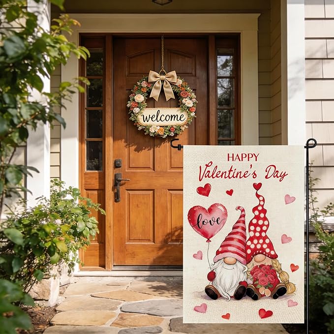 pretty_jessie Valentines Day Garden Flag 12x18 Inch Double Sided, Happy Valentine's Day Love Hearts Gnomes Burlap Yard Flag Anniversary Patio, Porch, Backyard Outdoor Decorations