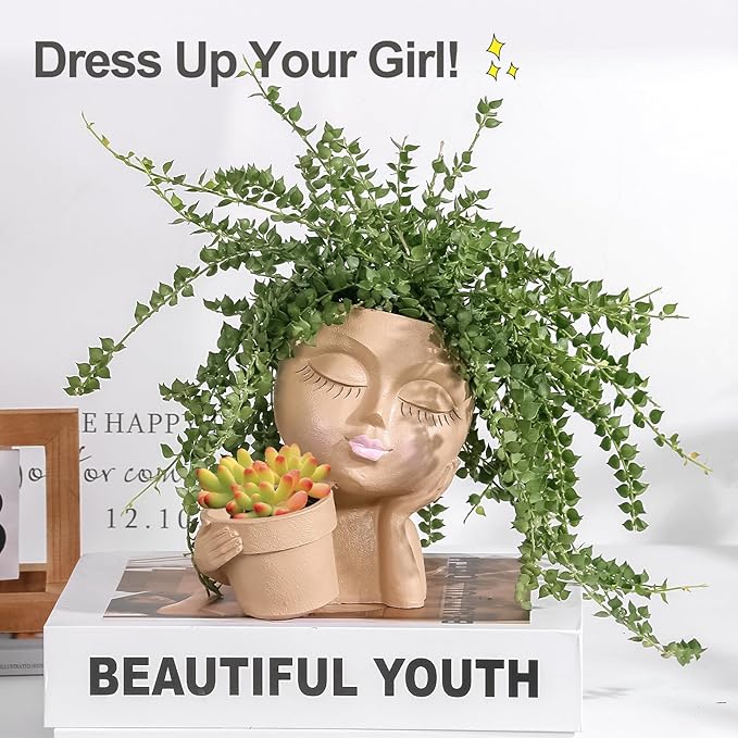 vomiceak Face Planters Pots Head Planter for Indoor Outdoor Plants - Cute Plant Pots for Flower Succulent with Drainage Hole - Ideal Present Ideas(Khaki Lady)