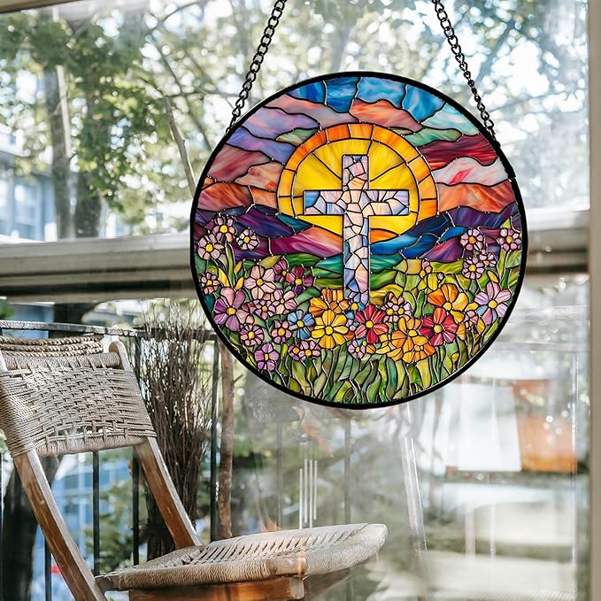 JOSUMALY Stained Glass Window Hanging - Cross Flower Sea Sun Catcher for Door Terrace Garden Home Decor, Mountains Landscape Suncatcher Birthday Gifts for Lovers Women Men Dad Mom Nana 15 in