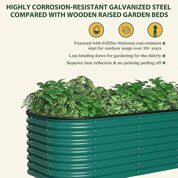 BlueWish 6x3x2FT Metal Raised Garden Bed with 2 Aluminum Support Rods, 24’’H Raised Garden Bed with Bottomless Design, Rubber Edges, 9-in-1 Modular Planter Box for Backyard, Garden, Patio, Green