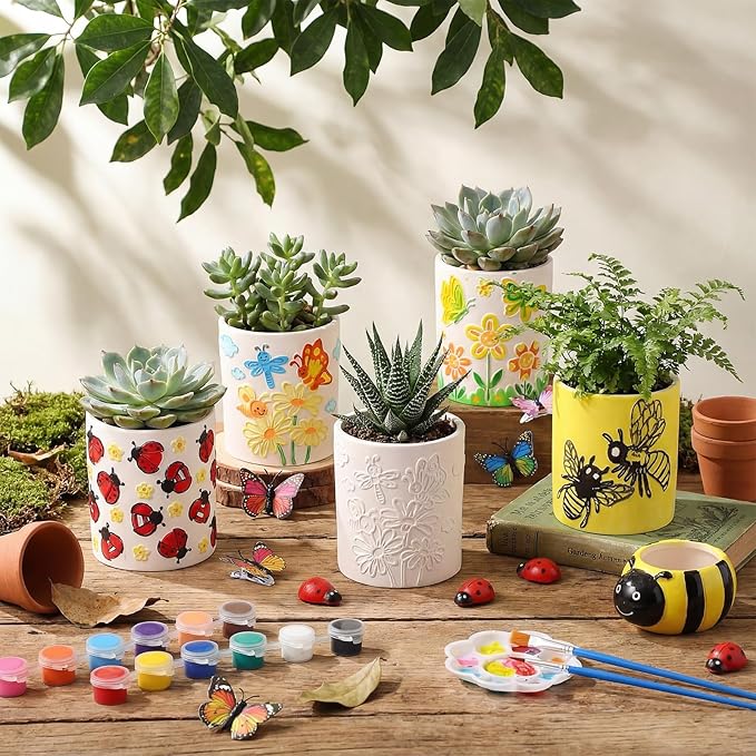 Zubebe 12 Pcs Spring Paint Your Own Insect Ceramic Pots Bulk Unfinished Succulent Pots Painting Kit with Drainage Hole Mini Paintable Plant Vase Ready to Paint Planter for Spring Garden DIY Craft
