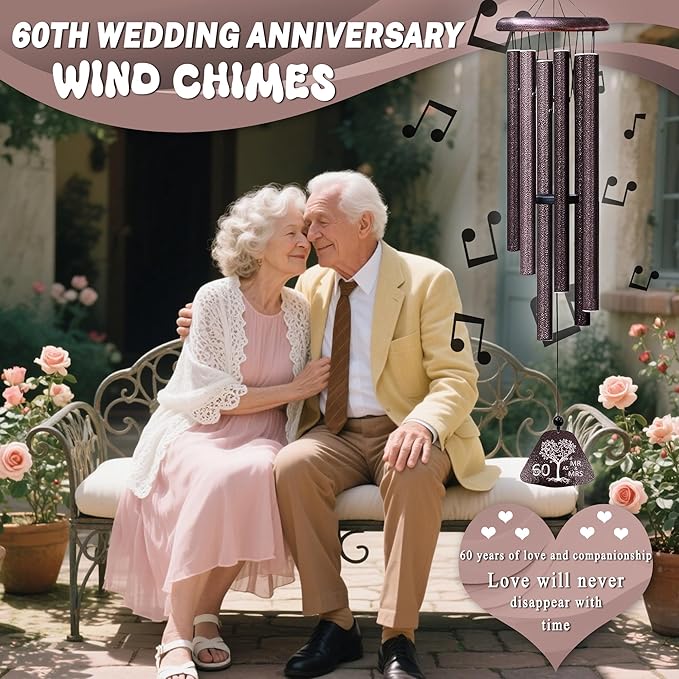 Fusui 60th Wedding Anniversary Wind Chimes Gifts, Happy 60th Anniversary Decorations Gift for Parents Couple Husband Wife, Romantic 60 Year Anniversary's Keepsake Ideas Wind Chimes for Outside 32"