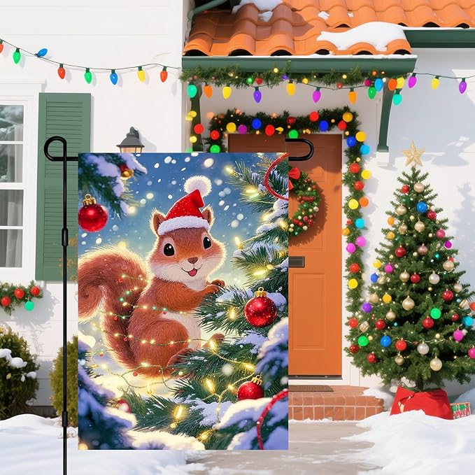 IVN Christmas Garden Flag 12x18 Inch Cute Squirrel in Santa Hat with Red Ball Ornaments and Snowy Tree Flag Double Sided Outdoor Yard Banner for Porch Lawn Patio Decor Holiday Winter