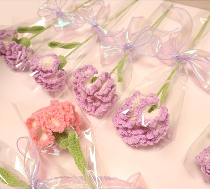 YOOJEE Crochet Flower Pink Carnation Graduation for Wife & Grandma Handmade Knitted Carnation for Women Coworkers Teachers Purple Yarn Flower