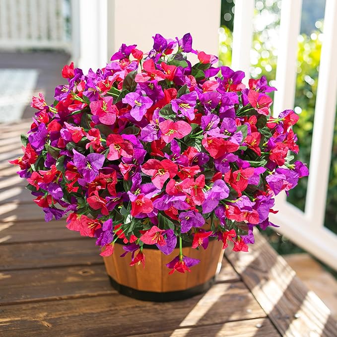 Ivydale Artificial Fake Flowers Faux Plants for Outdoors, 4 Bundles Fake Silk Bougainvillea Flower Look Real UV Resistant Flowers for Planter Patio Porch Window Yard Balcony Home Decor(PurpleHotpink)