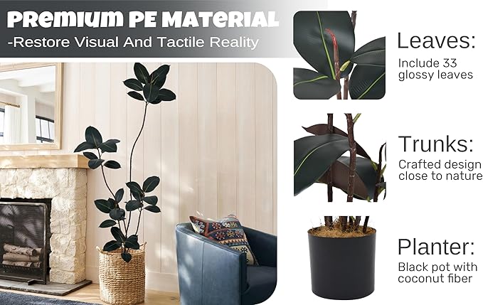 Artificial Rubber Tree 6FT with 33 Glossy Leaves & 5 Heads & Black Pot Cover with Coconut Fiber Realistic Tall Large Faux Tropical Ficus Elastica Plant 72 Inch for Indoor Home Modern Decor