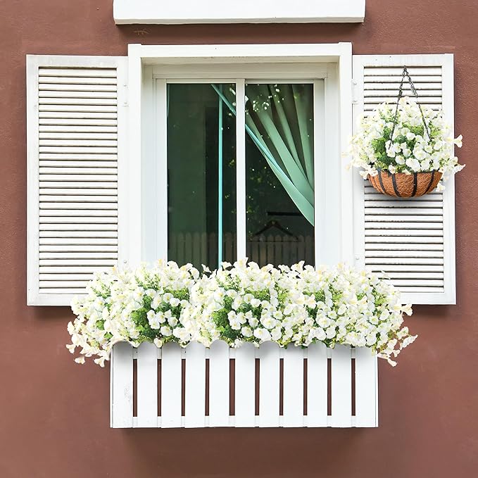 Artificial Flowers for Outdoors 12 Bundles Realistic Faux Plants UV Resistant Fake Silk Morning Glory with Eucalyptus for Front Door Planter Patio Porch Outside Spring Summer Decoration (White)