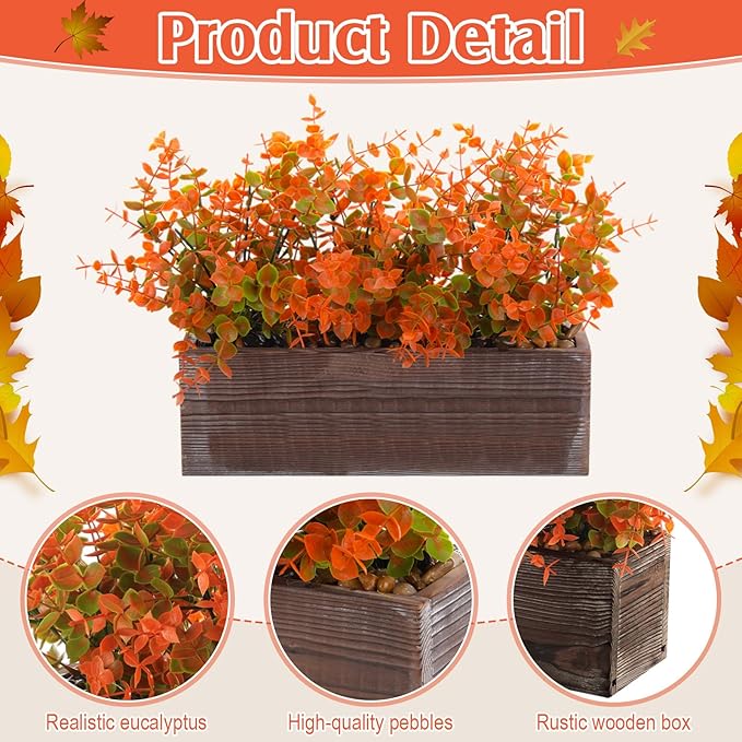 Lyrow 2 Pack Artificial Eucalyptus Plant in Rectangular Rustic Wooden Planter Box Faux Potted Herb Plant Table Centerpiece for Kitchen Windowsill Shelf Decor (Fall,11.4 '')