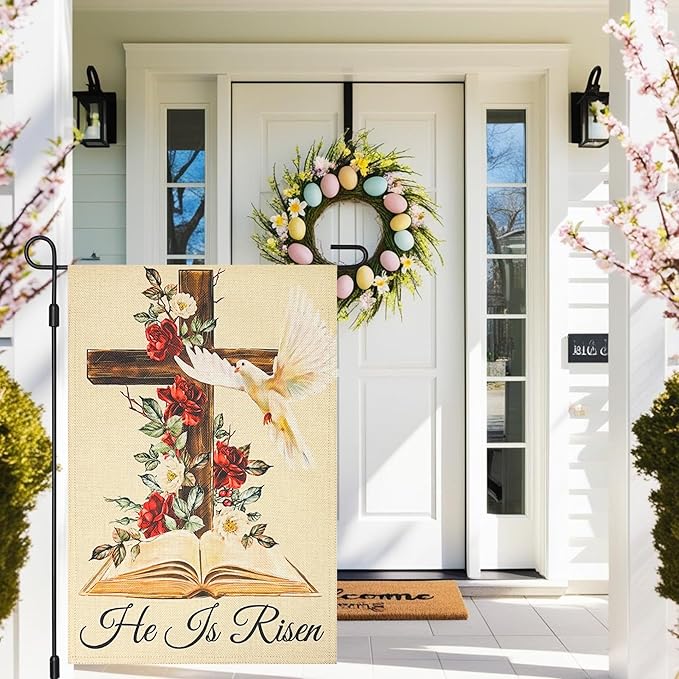 He Is Risen Easter Garden Flag Double Sided 12×18 Inch,Cross Flowersn Dove Decorations Small Burlap Religious Holiday Yard Flags for Outside