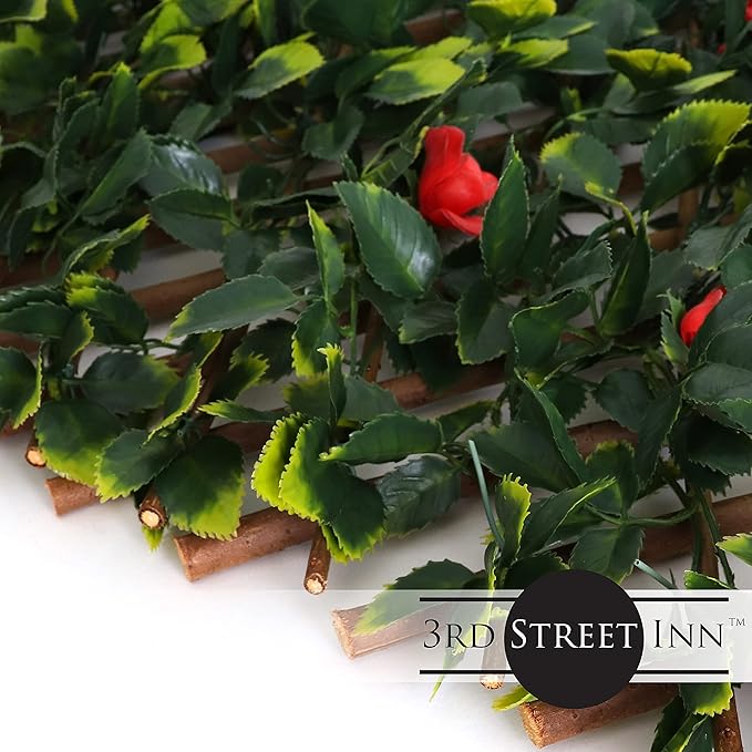 3rd Street Inn™ Leaf Trellis - Bamboo Greenery Panel - Boxwood and Ivy Privacy Fence Substitute - DIY Flexible Fencing (1, Red Rose Rattan)