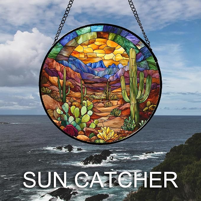 Stained Glass Window Hanging Cactus Mountains Landscape 9.8" - Suncatcher Door Garden Sunroom Sun Catcher Home Decor Birthday Christmas for Mom Men Woman Nana