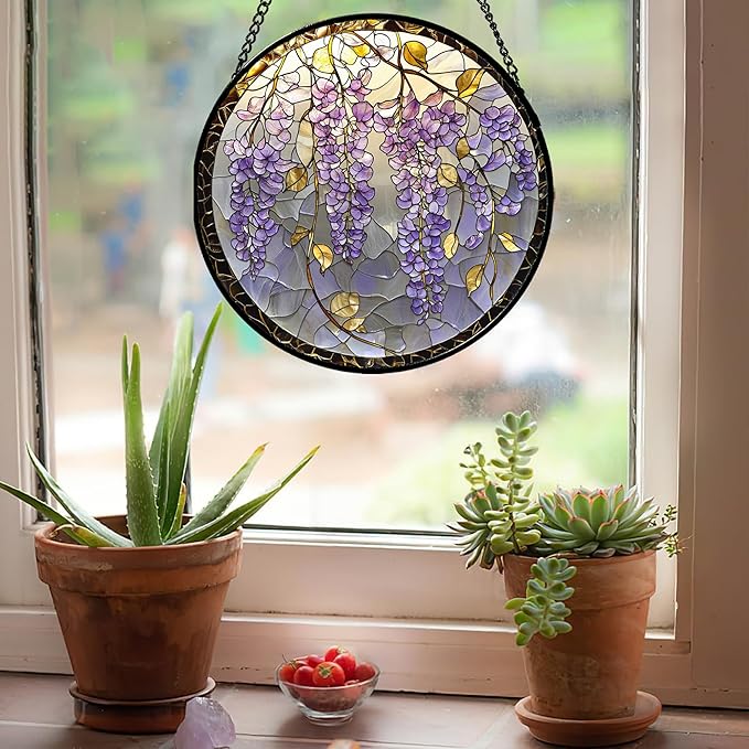 AMDERVEN Stained Glass Window Hanging - Wisteria Flower Golden Leaves Sun Catcher for Door Home Decor Plant Suncatcher Christmas Mother's Day Birthday Gifts for Women Men Lovers Mom Nana 9.8 in