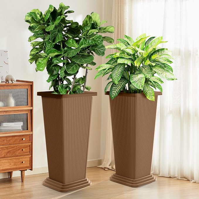 TUYOHW Set of 2 Tall Planters, 24" Large Indoor Outdoor Flower Pots with Tray, Modern Tapered Planters for Porch, Patio, Garden, Backyard