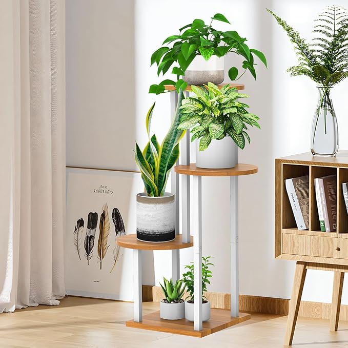 YOCOMEY Plant Stand Indoor, 4 Tier Thickened Metal Corner Plant Shelf for Multiple Plants, Indoor Plants Tiered Flower Pot Stand for Patio Garden Balcony Living Room Bedroom (White)