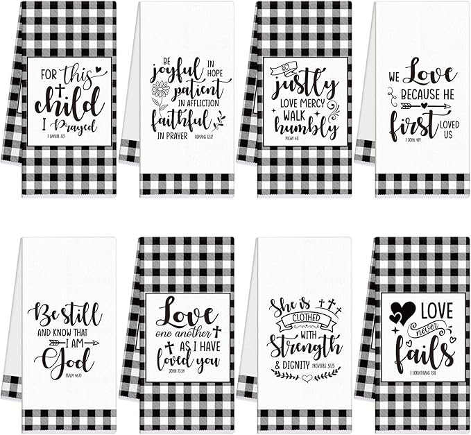 Hahafelt 8 Pc Religious Christian Kitchen Dish Towel Black and White Check Cleaning Dishcloth Towels Bathroom Home for Christian Gift for Men Women Housewarming