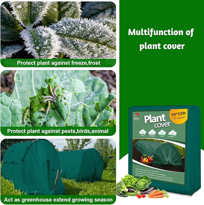 Green Plant Covers Freeze Protection, 10 x 33Ft Frost Blankets for Outdoor Plants Frost Cloth Plant Freeze Protection Cover Floating Row Cover Garden Fabric for Frost/Pest Protection