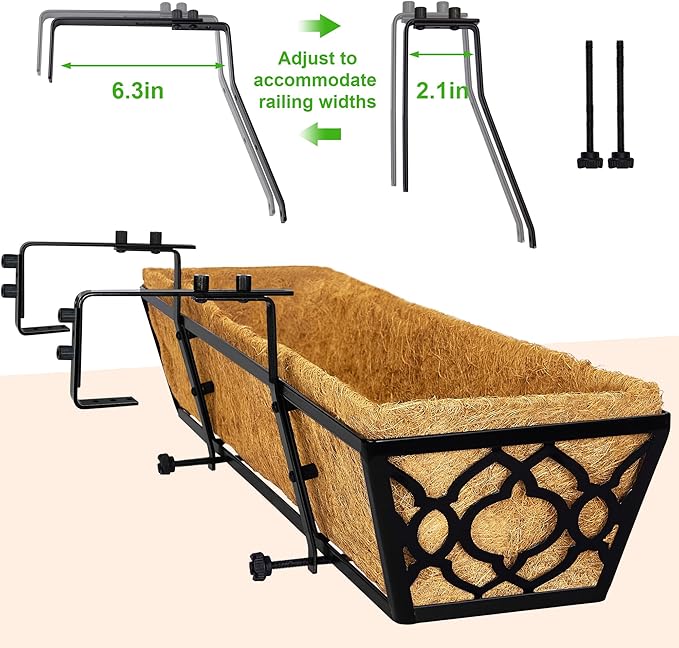 HFHOME 24 Inch Window Deck with Coco Liner, 24" Window Boxes Horse Trough with Coconut Coir Liner, Black Metal Hanging Flower Planter Basket Railing Planter for Outdoor Indoor Lawn - 4 Pack