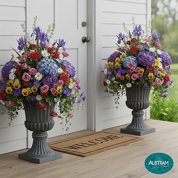 Austram Urn Planters 22", Set of 2, Tall Stone-Resin Pedestal Planters for Outdoor Plants, Large Front Porch Decor, Patio Garden Pots, Outdoor Urns for Entryway, Porch & Deck, Grey Plant Pot