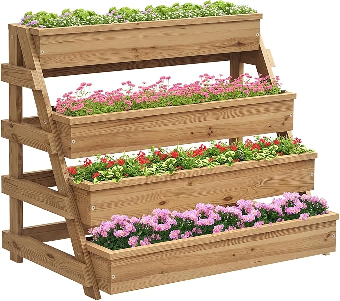 Outsunny 4 Tier Raised Garden Bed with Drainage Holes, Vertical Wooden Planter Box Freestanding Garden Bed with Bed Liner, Outdoor Planter Box for Garden, Patio, Balcony