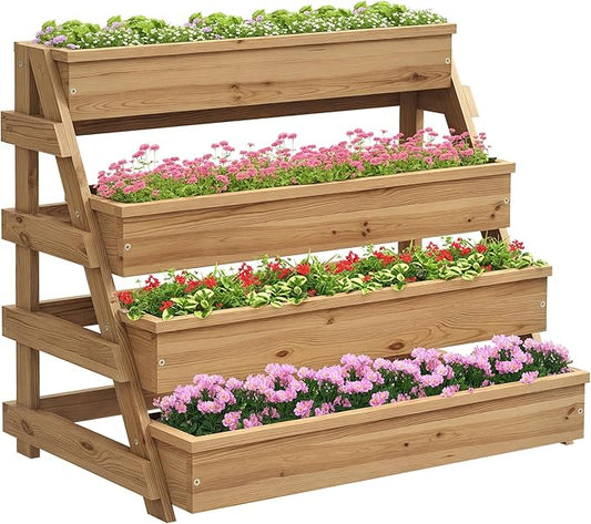 Outsunny 4 Tier Raised Garden Bed with Drainage Holes, Vertical Wooden Planter Box Freestanding Garden Bed with Bed Liner, Outdoor Planter Box for Garden, Patio, Balcony