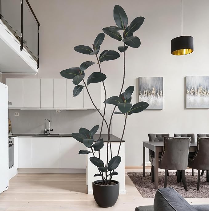 Artificial Rubber Tree 7FT with 40 Glossy Leaves & 6 Heads & Black Pot Realistic Tall Large Faux Tropical Lifelike Ficus Elastica Plant 84 Inch for Indoor Home Office Corner Modern Decor