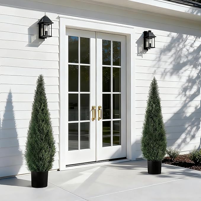 Artificial Trees for Outdoors, BUZIGUBY Artificial Cedar Topiary Trees, 4FT Topiary Trees Artificial Outdoors for Porch, Dense Arborvitae Tree for Front Door Patio Deck Balcony Yard Decor, 2 Pack