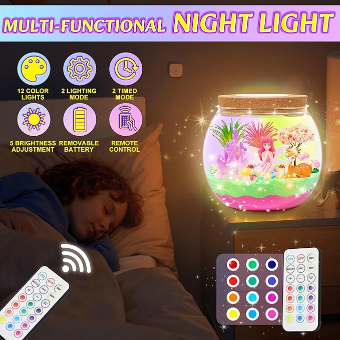 Hannstar Fairy Garden Light Up Terrarium Kit for Kids - LED Night Light Birthday Gift for Girls Ages 4 5 6 7 8 10 12 Years Old - Creative Toys for Girls - DIY Arts and Crafts Kit for Kids