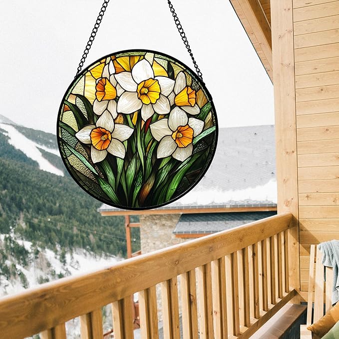 AMDERVEN Stained Glass Window Hanging, Yellow and White Daffodils Sun Catcher for Door Home Decor Plants Flowers Suncatcher Christmas Mother's Day Birthday Gifts for Women Men Mom Nana 9.8 in