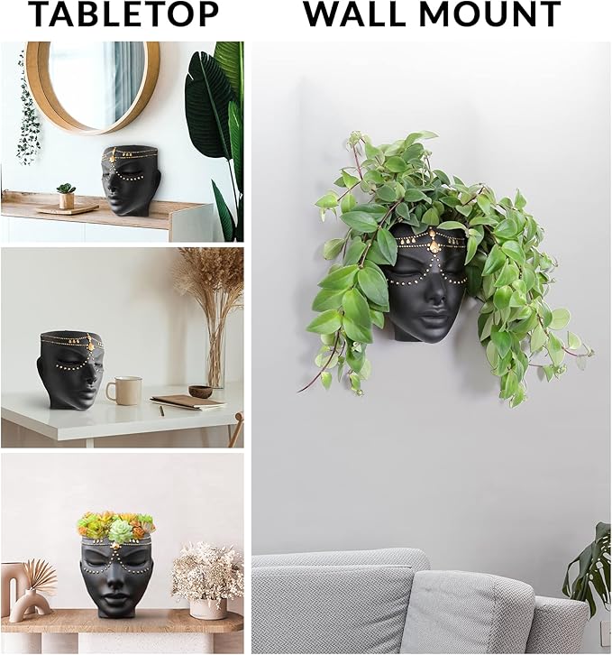Head Planter - Indoor & Outdoor Home Decor Gifts for Plant Lovers - for Flat Surface or Wall Mount - Unique Face Planter for Flowers, Succulents, & More (7 inch, Serena Design, Black)