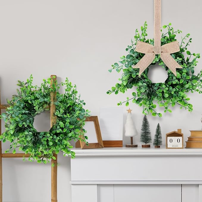 12 Pcs Mini Boxwood Table Centerpieces Green Pillars Candle Rings Wreaths 9 Inch Wreath for Cabinets Farmhouse Wreaths with Ribbon for Front Door Porch Wall Window Decorations