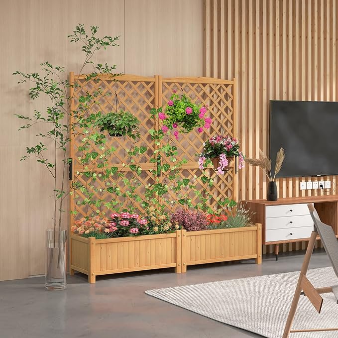 S AFSTAR Raised Garden Bed with Trellis, Indoor & Outdoor Wood Elevated Plant Container with Diamond Shaped Trellis & Drain Hole, Above Ground Garden Bed for Vine Climbing Plants