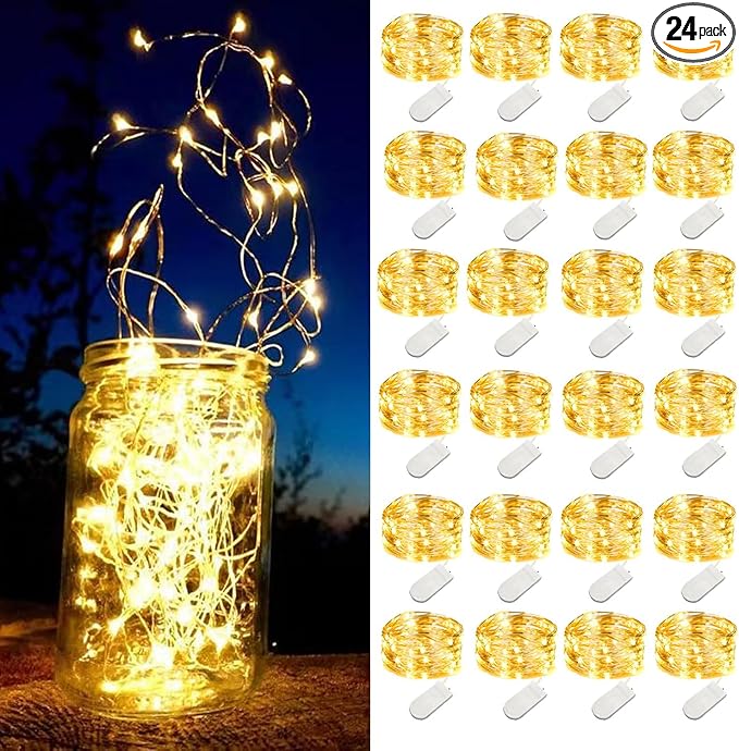 24 Pack Mini Fairy Lights Battery Operated - Long Lasting CR2032 Battery, 6.6ft 20 LED Warm White String Lights for Wedding Centerpieces, Crafts, Mason Jars Decor