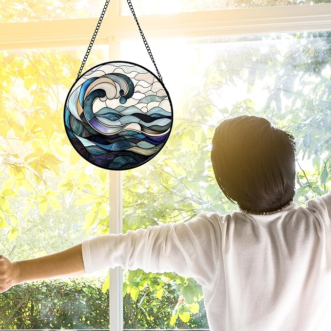 DASTOLL Stained Glass Window Hanging, Ocean Waves Sun Catchers Diamond Glass Panel Hangings Abstract Suncatcher Decor for Birthday for Women, Men, Wife, Aunt, and Mom 6.3 in