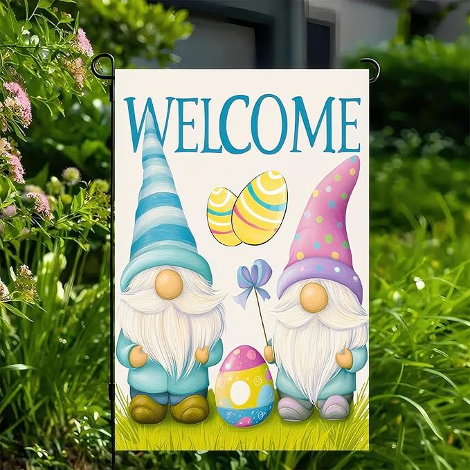 Easter Bunnies Garden Flag Cute Gnomes Egg Double Sided Yard Flag 12x18 Inch Welcome Yard Holiday Decoration Farmhouse Small Yard Flag Home Lawn Outdoor Decorations