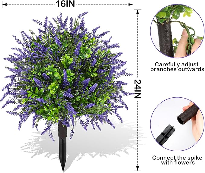 ENVEN Artificial Topiary Lavender Ball Tree Outdoor Plants with Ground Spike 22"- UV Resistant Faux Shrubs, Eucalyptus Fake Plants for Indoor & Garden, Yard, Porch, Patio Decor
