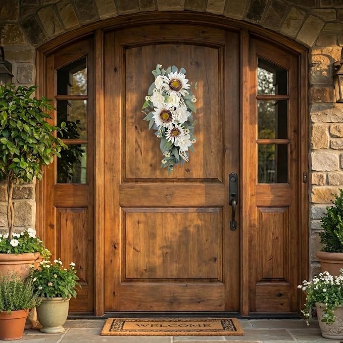Summer Swag - 28” Sunflower, Peony, Rose Teardrop Swag for Front Door, Porch Wall, Window - Artificial White Flowers Teardrop Wreath for Home Spring, Summer, Fall, All Seasons, Everyday Decor (1)