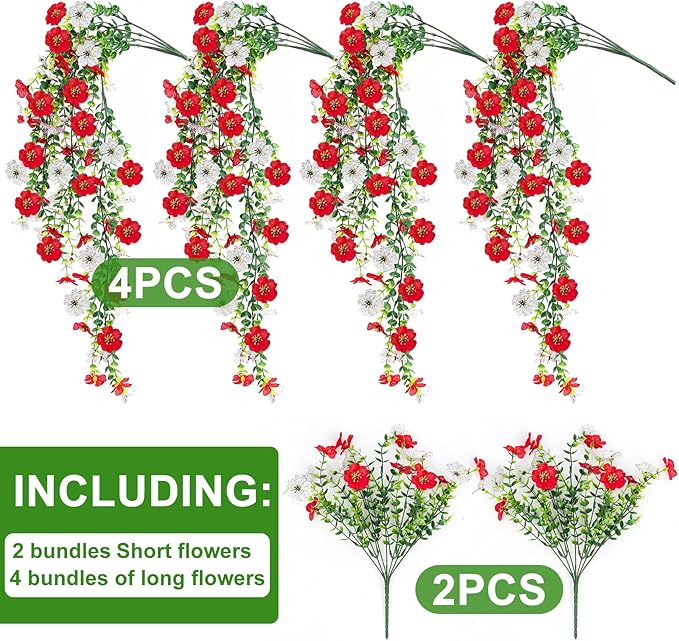 Artificial Flowers for Outdoors 6PCS，All Weather Fade Proof, UV Resistant Waterproof Realistic Faux Silk Mums Daisies Red & White for Hanging Planters Porch Patio Balcony Deck Fence Garden Decor